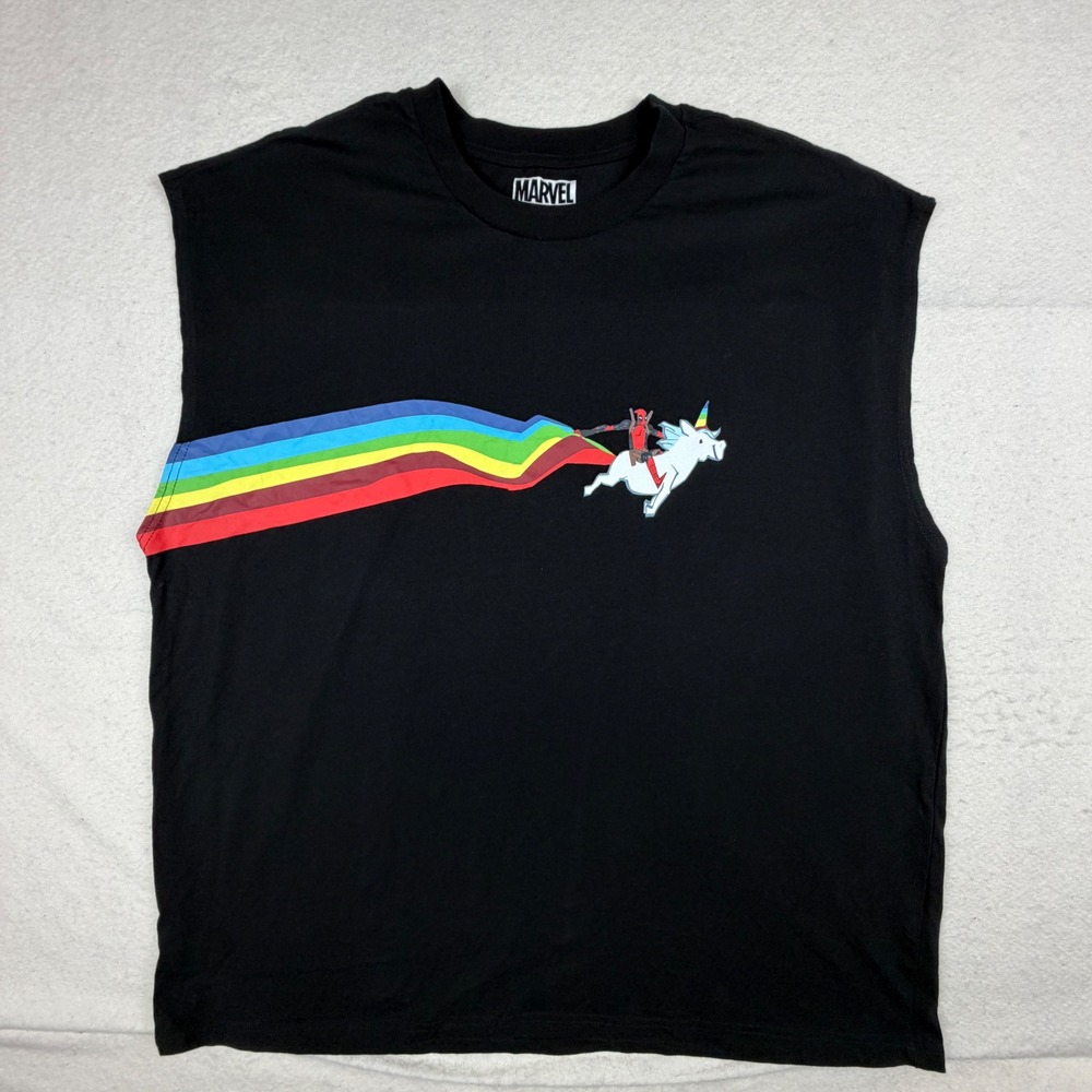 Marvel Deadpool Riding Unicorn Rainbow Muscle Tee Shirt Black XL